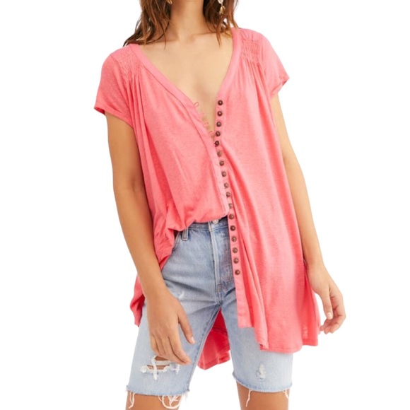 Free People Tops - FREE PEOPLE Highland Button Down V-Neck Linen Blend T-shirt Tee Top, Azalea, M